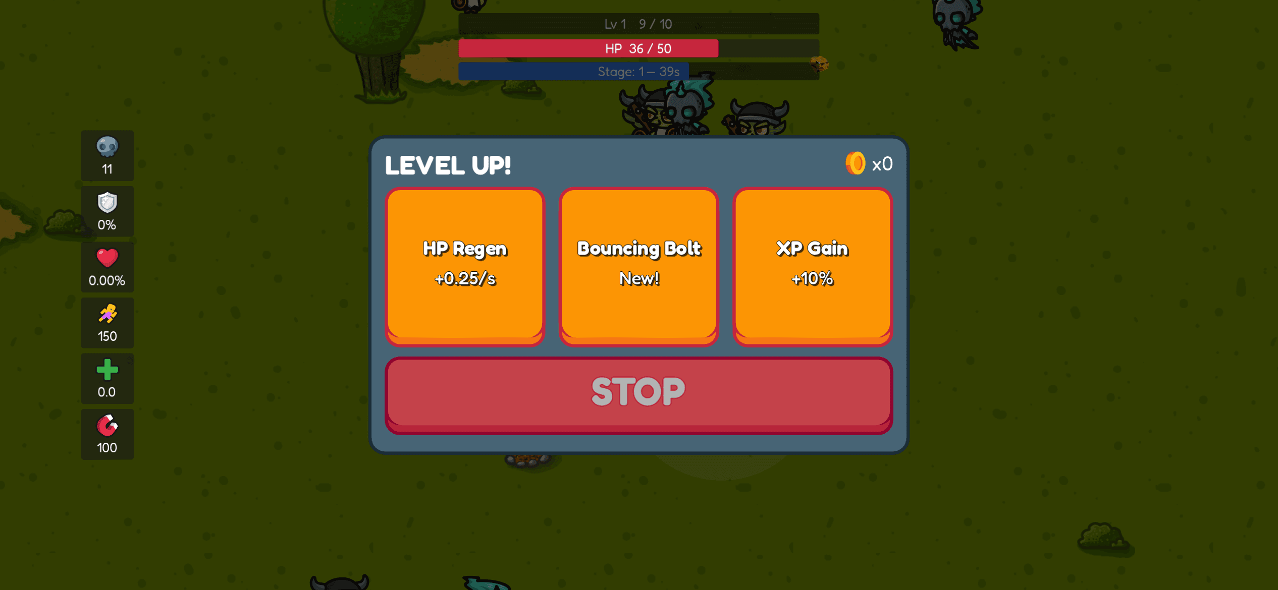 Level up screen on iPhone offering HP Regen, Bouncing Bolt, and XP Gain