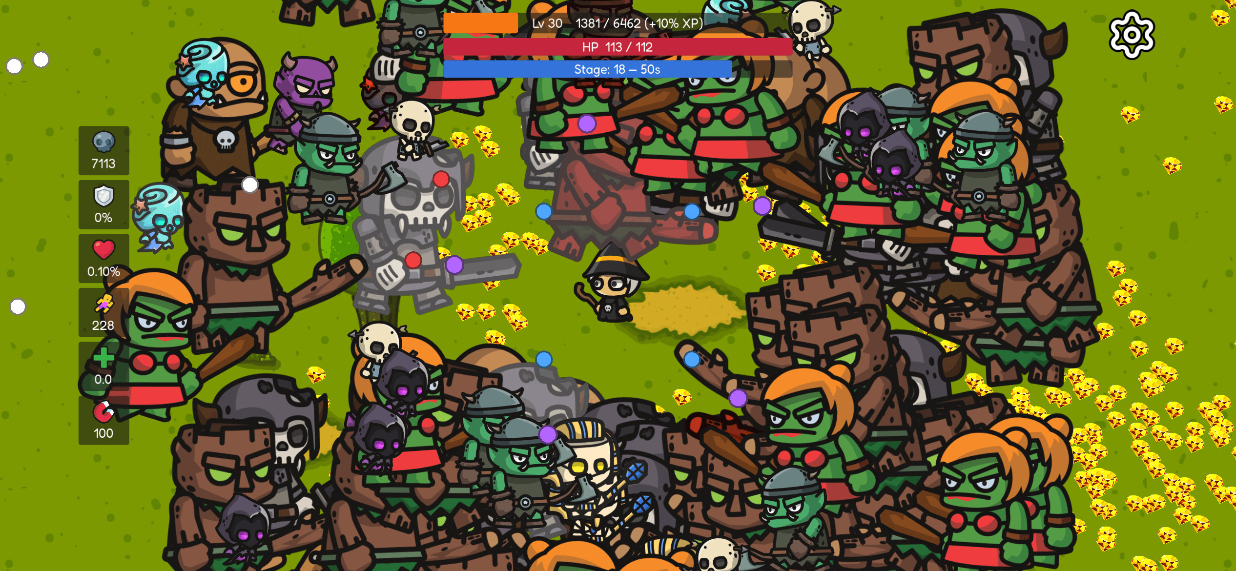 Late game on iPhone at level 30, stage 18, surrounded by hundreds of enemies